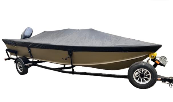 Gray Shoretex custom boat cover on trailered boat
