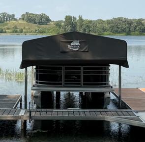 Black Shoretex canopy over boat on lift