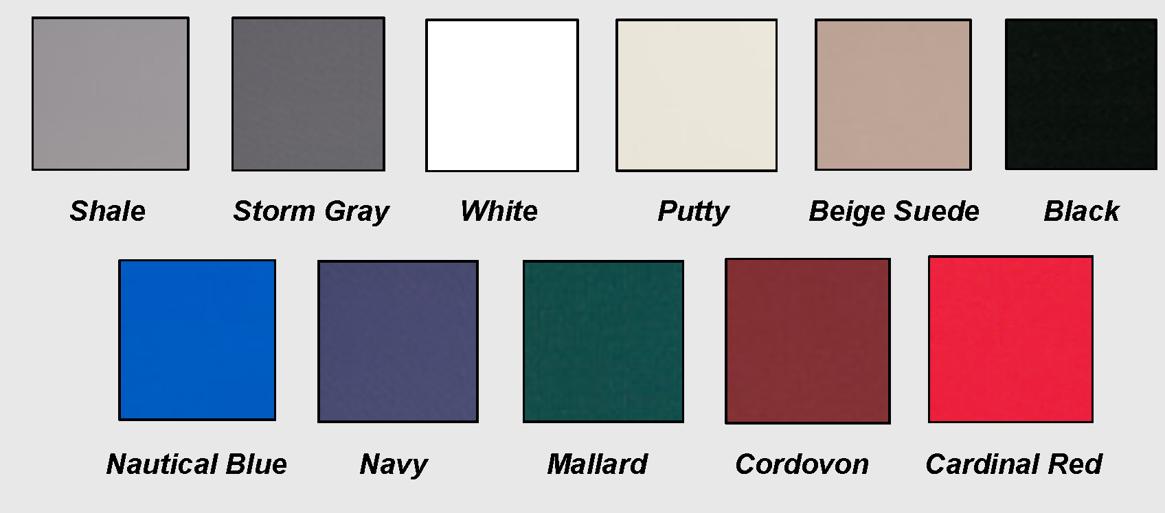 Harbortime Edge available colors: Shale, Storm Gray, White, Putty, Beige Suede, Black, Nautical Blue, Navy, Mallard, Cordovon, Cardinal Red
